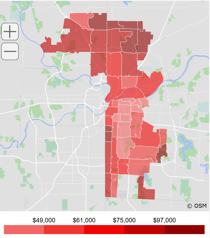 Map of Kansas City median household income by zip code